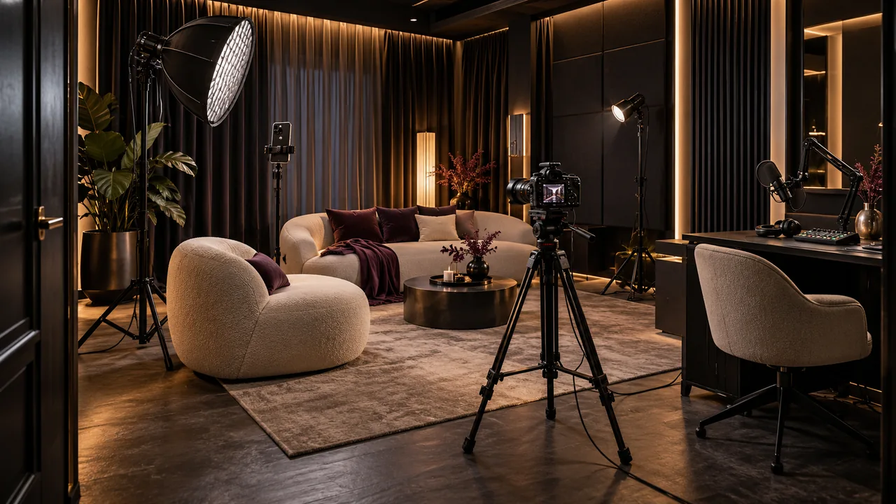 Rendering di studio per creator OnlyFans con set lounge, fotocamera, microfono e illuminazione professionale