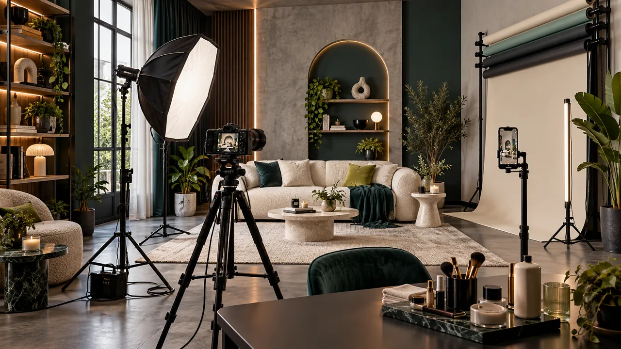 Concept di set modulare per creator con divano, fondale e illuminazione video