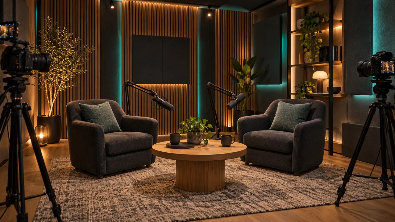 Rendering di studio podcast con due sedute, microfoni e trattamento acustico