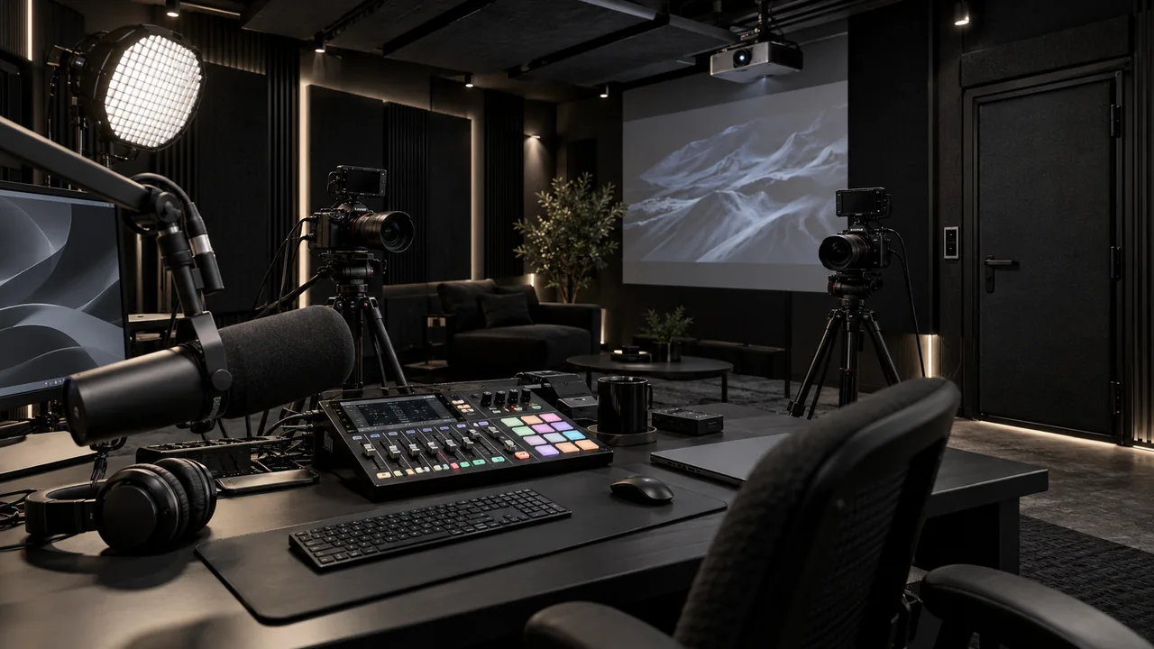 Rendering di studio nero con microfono broadcast, mixer, due fotocamere, proiettore e pannelli acustici