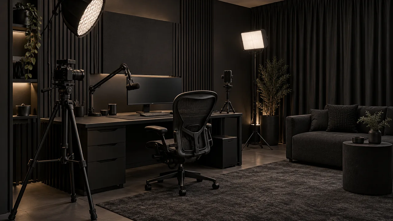 Rendering di studio streaming total black con pareti acustiche, scrivania e luci morbide
